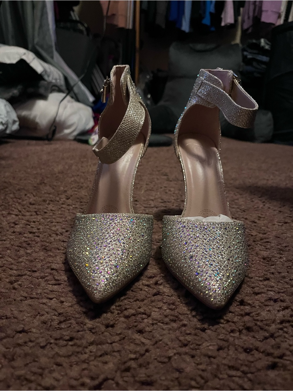 Women's Glitter Pointed Toe Ankle Strap Heels - Champagne